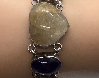 Vintage Sterling Silver Rutilated Quartz Amethyst & Green Turquoise Bracelet