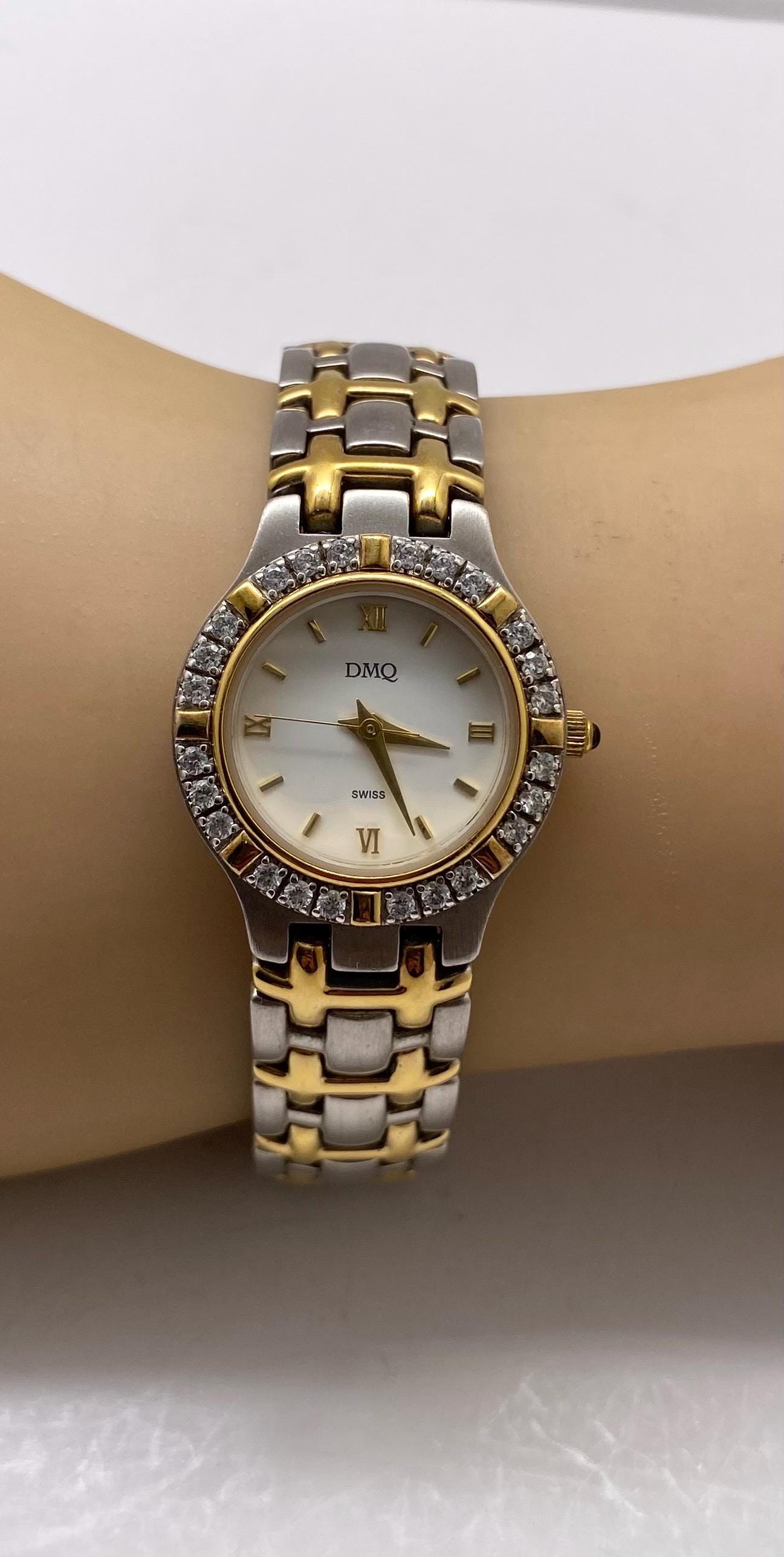 Vintage DMQ Swiss Watch Two Tone Crystal Bezel Women display picture 2
