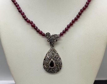 Vintage Sterling Silver Marcasite & Garnet Pendant Necklace