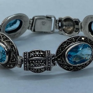 Vintage Art Deco Sterling Silver Marcasite & Blue Topaz Bracelet