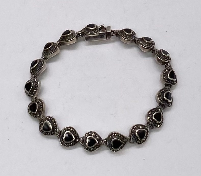 Vintage Art Deco Sterling Silver Marcasite & Black Onyx Heart Tennis  Bracelet - Etsy