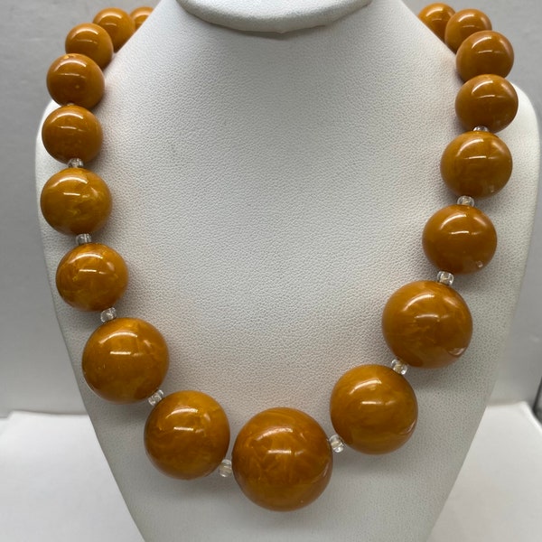 Antique Marbled Bakelite Yellow Butterscotch Round Graduated Bead Necklace