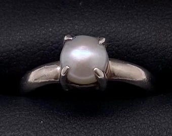 Anillo vintage de plata de ley con perla auténtica, talla 6,75