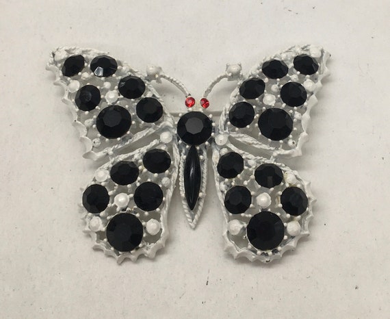 Vintage Huge Butterfly Enameled Rhinestone Brooch - image 3