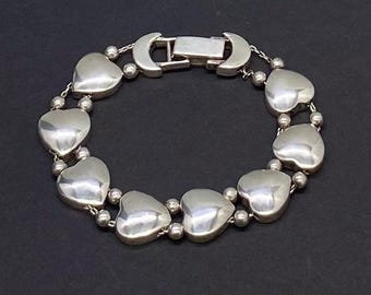 Vintage Art Deco Sterling Silver Multi Hearts Charm Slider Double Chain Slide Bracelet