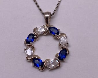 Sterling Silver Blue Sapphire Cubic Zirconia Round Pendant Necklace