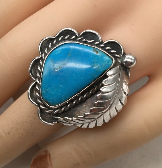 Vintage Navajo Sterling Huge Turquoise Ring Size 9 - image 1