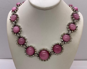 Antique Pink Gripoix Glass & Clear Rhinestone Flower Cluster Necklace