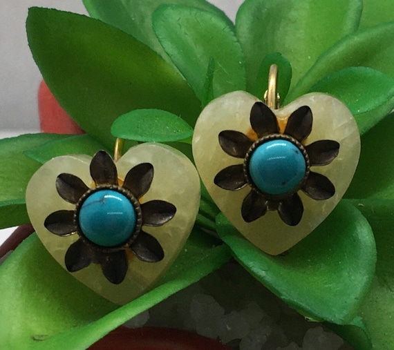 Heart shape quartz stone flower turquoise earring… - image 1