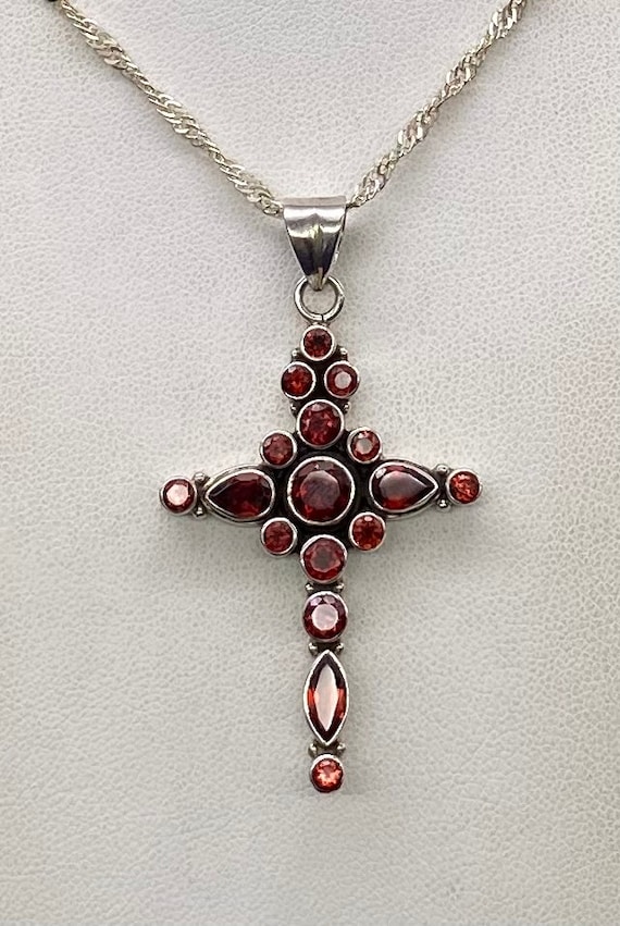 Vintage Sterling Silver & Garnet Cross Pendant Necklace