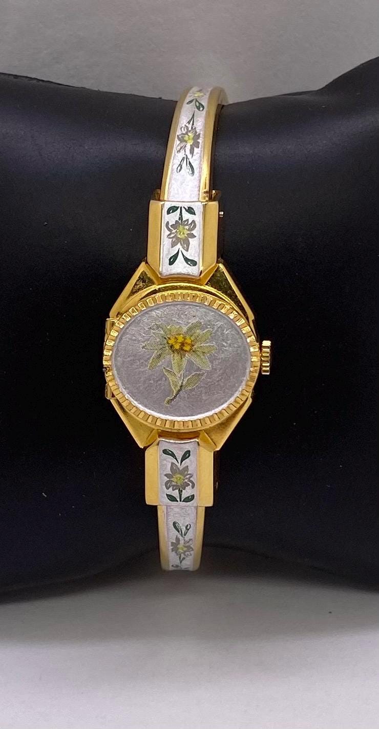 Vintage Hanowa Swiss Made Peekaboo Flower Bangle Watch Women's