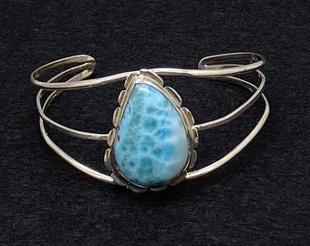 Vintage Art Deco Sterling Silver and Larimar Stone Cuff Bracelet
