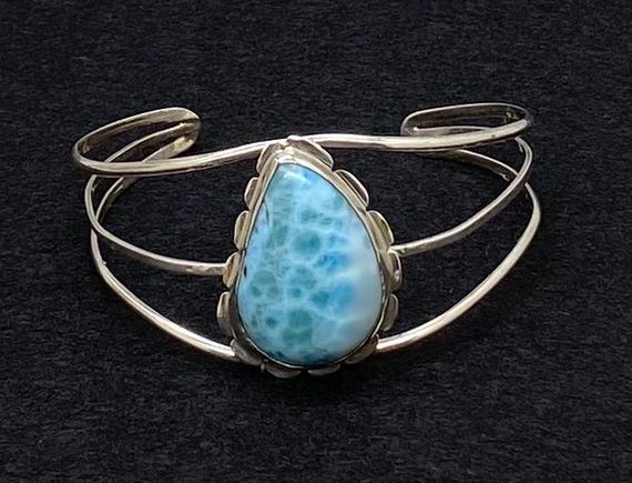 Vintage Art Deco Sterling Silver and Larimar Stone Cuff Bracelet