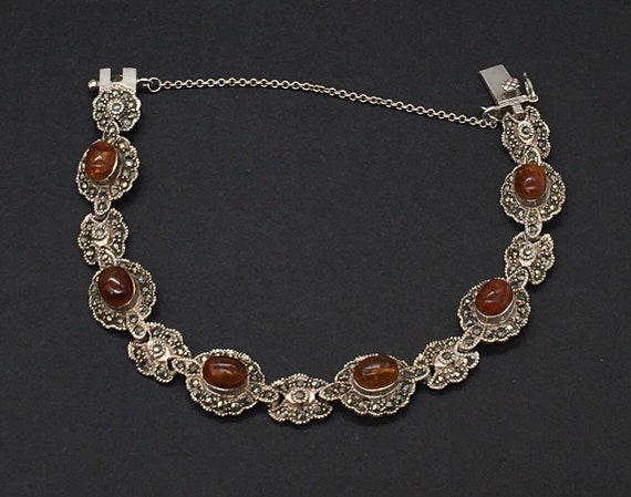 Vintage Sterling Silver Marcasite & Amber Cabocho… - image 4