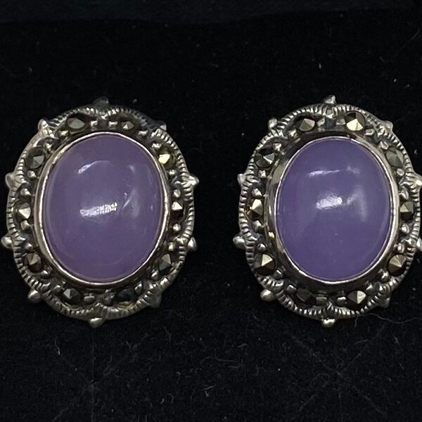 Vintage Sterling Silver Purple Jade Jadeite Cabochon & Marcasite Stud Earrings