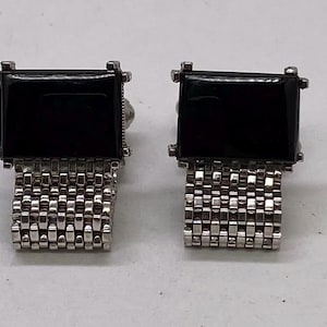 Swank Cufflinks Vintage Black Onyx Silvertone Mesh Wrap Around Men&#39;s Cufflinks