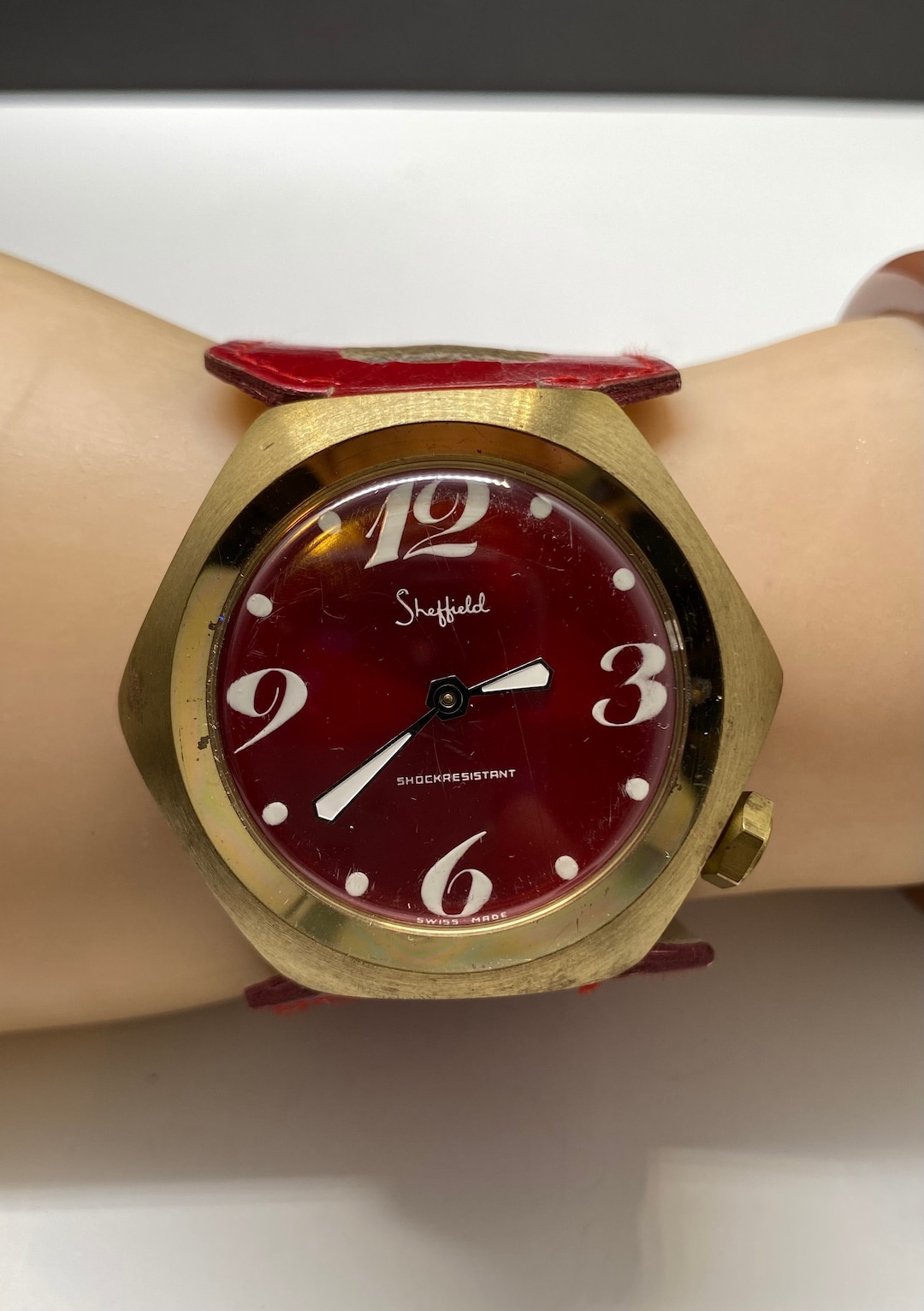 Vintage Sheffield Ladies Watch Swiss Made, Mechanical Wind Up, Red