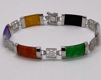 Vintage Sterling Silver Multi Color Link Jade Bracelet