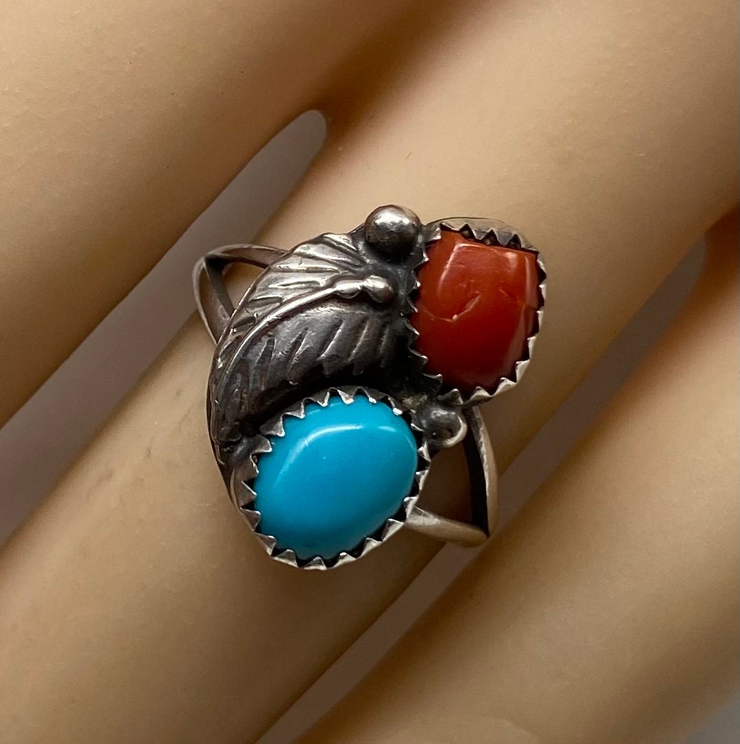 Vintage Navajo Sterling Silver Turquoise Coral Ring Size 7.5 - Etsy