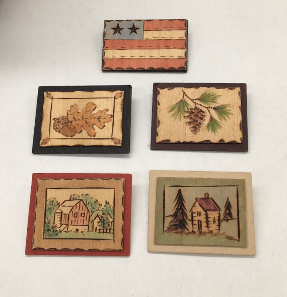 Vintage hand painted wood brooches Art Deco