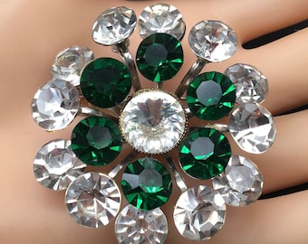 Broche Art Déco XXL - Strass Verts Sur Laiton Argenté - Occasion Très Bon état - Style Années 20