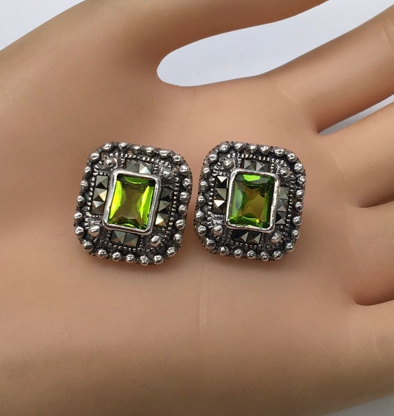 Sterling Silver Peridot & Marcasite Earrings - image 2