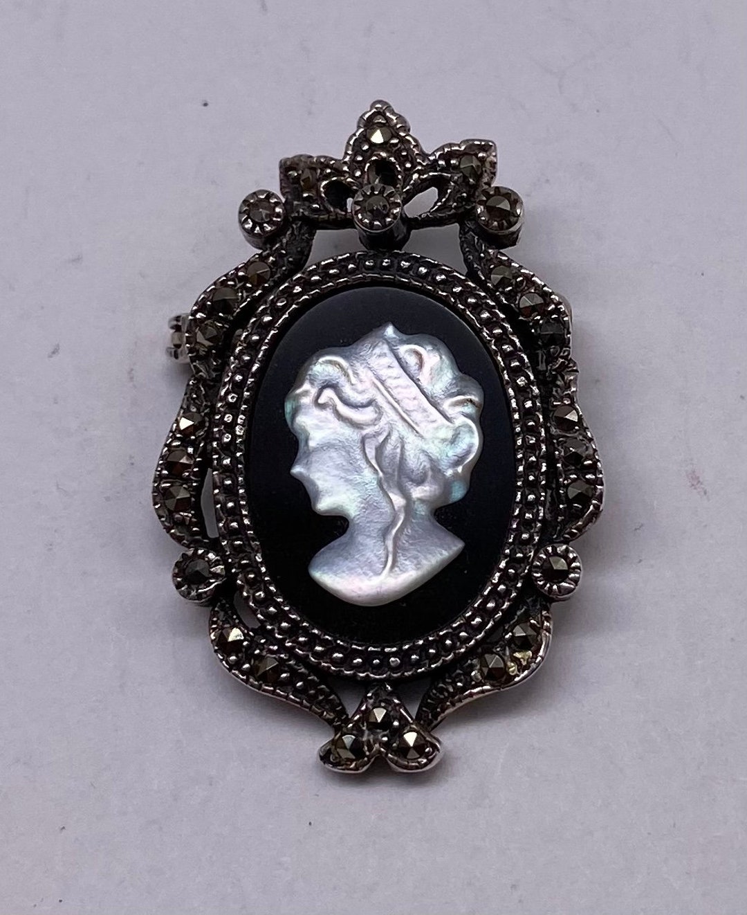 Vintage Art Deco Sterling Silver Onyx & Marcasite Cameo Brooch Pendant ...