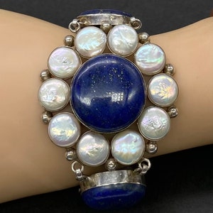 Vintage Sterling Silver Art Deco Huge Blue Lapis Lazuli & Pearl Flower Large Bracelet