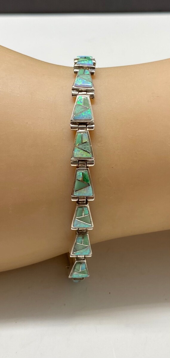 Vintage Art Deco Sterling Silver Green Opal Mosaic