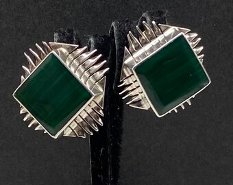 Vintage Art Deco Taxco Sterling Silver Malachite Chunky Clip Earrings