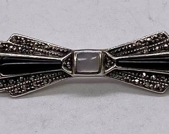 Vintage Sterling Silver Marcasite Black Onyx Bar Brooch Pin