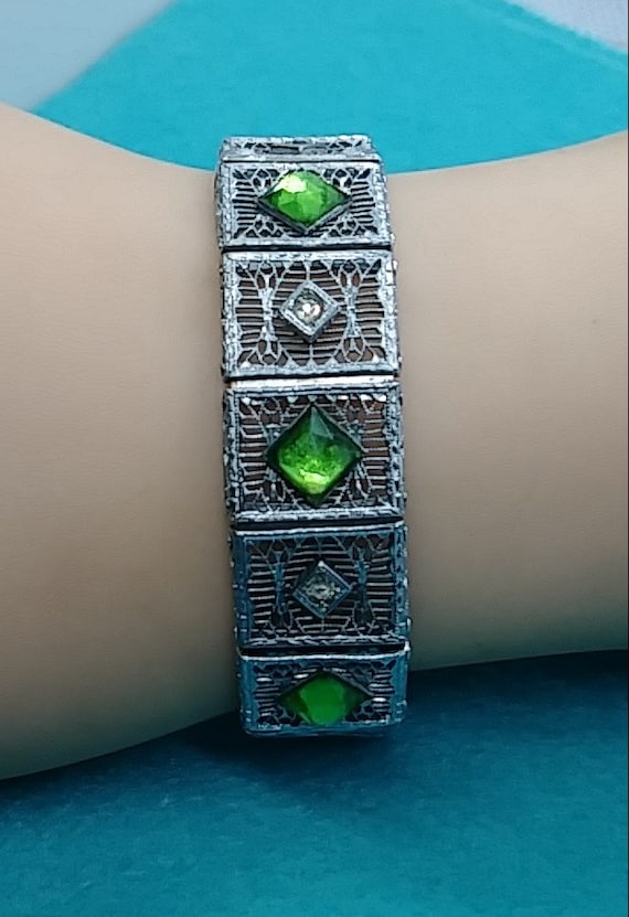 Antique Art Deco Emerald Green Rhodium Plate Brac… - image 2