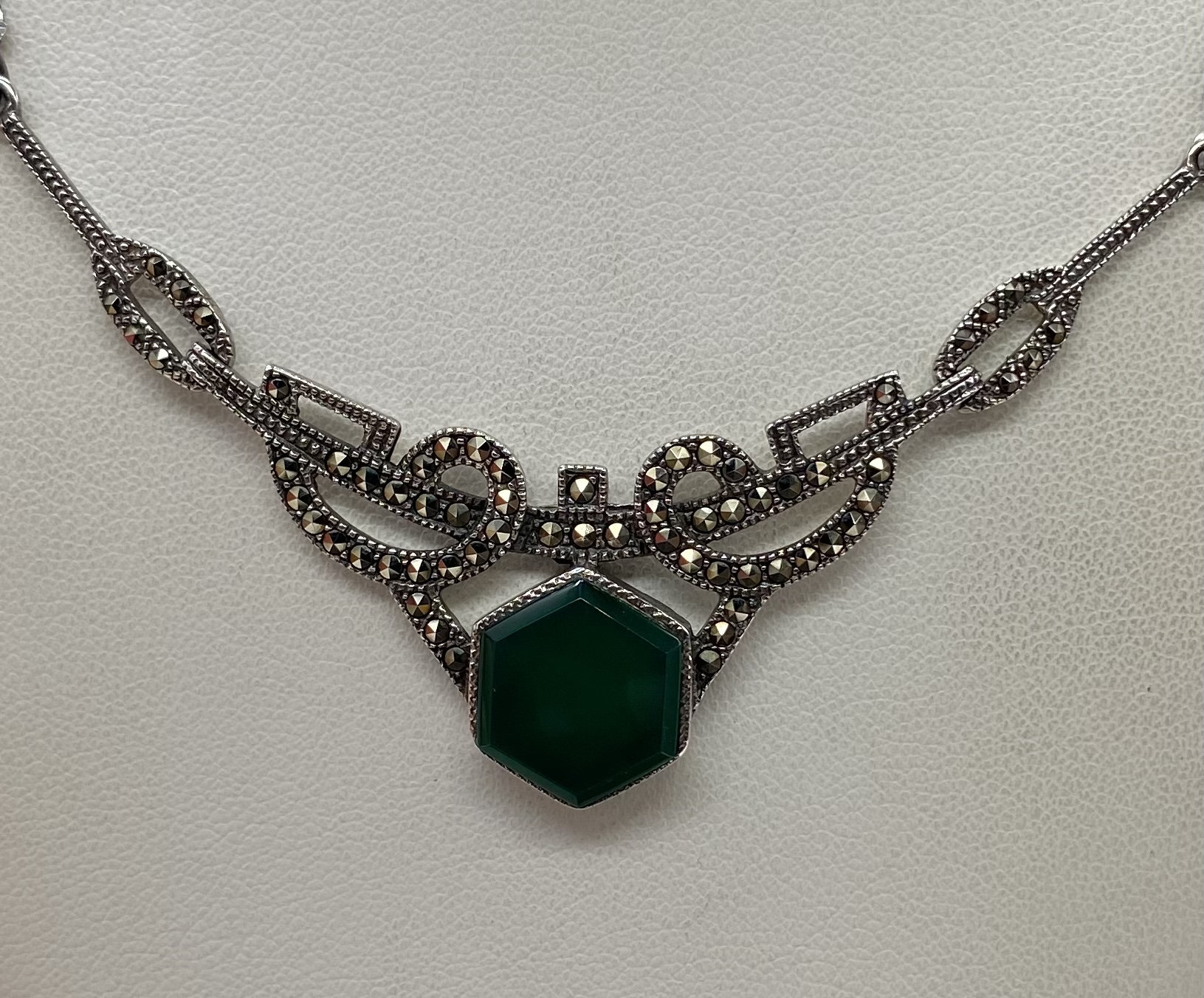 Pendentif Argent Style Art Nouveau - Onyx, Rubis, Perle Et Marcassites - Rectangulaire - Neuf