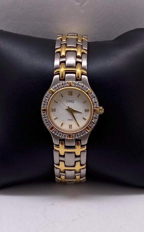 Vintage DMQ Swiss Watch Two Tone Crystal Bezel Women display picture 1