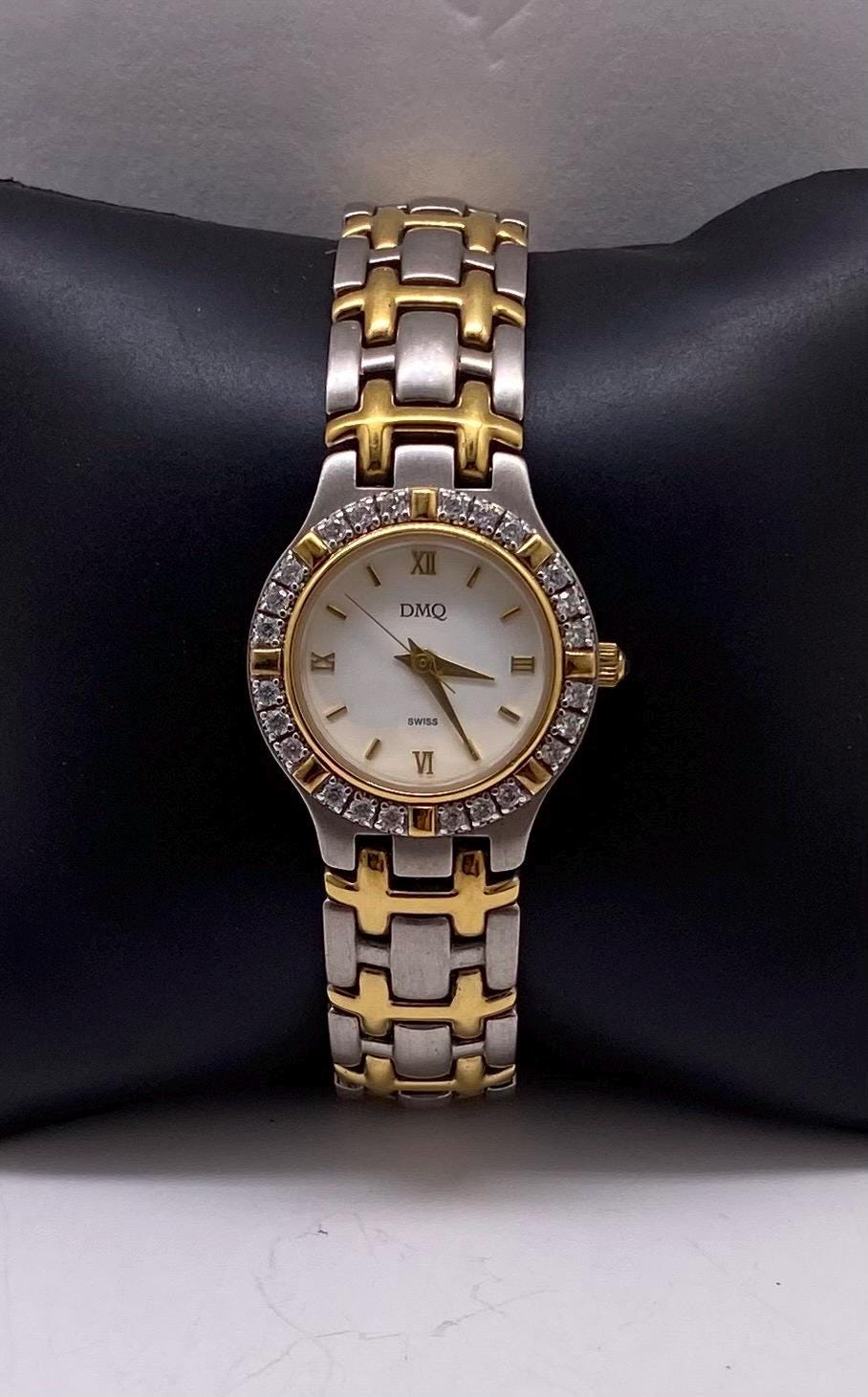 Vintage DMQ Swiss Watch Two Tone Crystal Bezel Women display picture 3