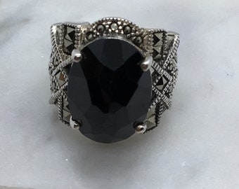 スターリングシルバー オニキス マーカサイト リング - アールデコ