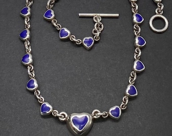 Vintage Art Deco Mexico Sterling Silver Blue Lapis Lazuli Heart Links Necklace