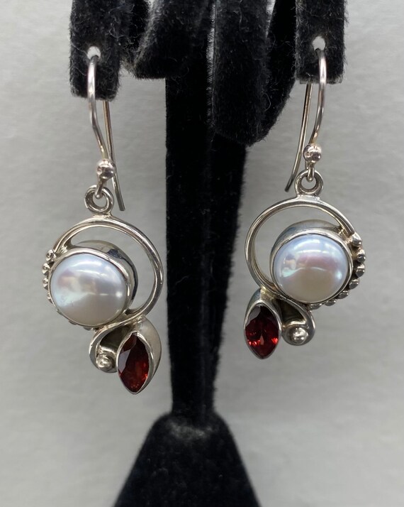 Vintage Sterling Silver Pearl & Garnet Dangle Ear… - image 2