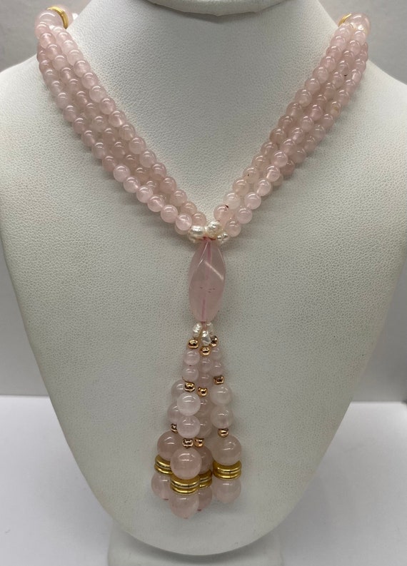 Vintage Rose Quartz Multi Strand Tassel Necklace