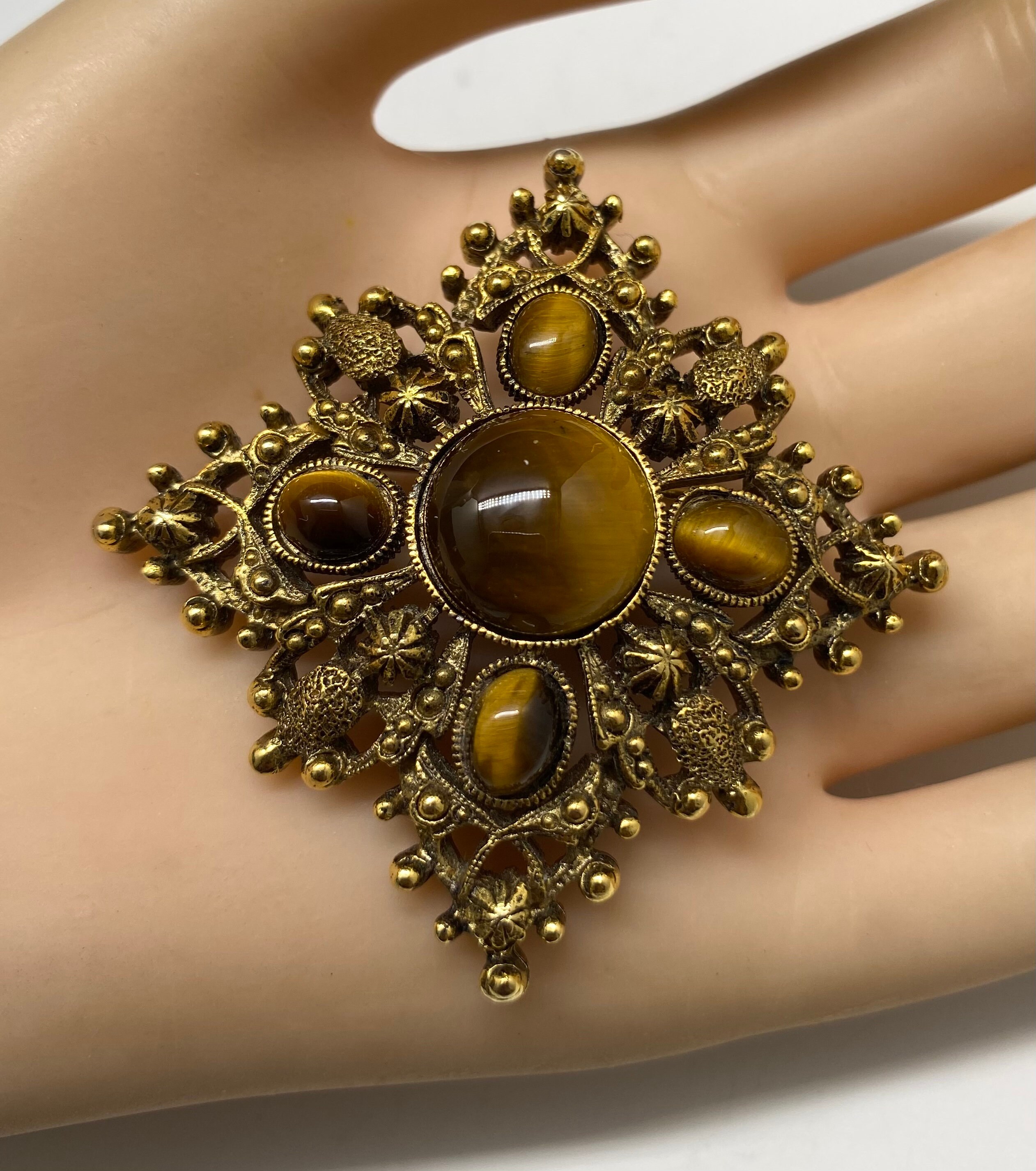 Broche Ancienne 19e Siècle En Or 18k - Feuilles De Chêne, œil De Tigre, 4 G
