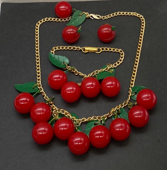 Antique Bakelite Celluloid Art Deco Red Cherries … - image 2