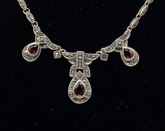 Vintage Art Deco Sterling Silver Marcasite & Garnet Necklace