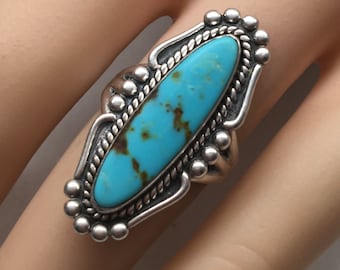 Vintage Navajo Turquoise Ring, Bell Trading Post Sterling Silver, Size 7