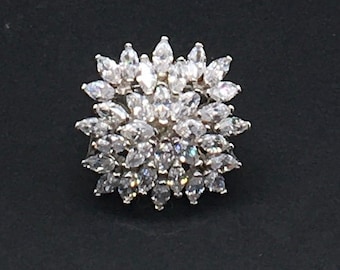 Vintage Sterling Silver Cubic Zirconia Marquise Cut Cluster Ring Size 8.25
