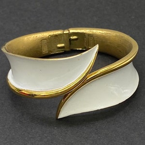Crown Trifari Bracelet Mid Century Clamper Cuff Bracelet Bright Gold Tone and White Enamel