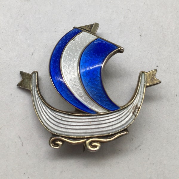 Vintage Aksel Holmsen Sterling & Guilloche Enamel Viking Ship Boat Pin Brooch