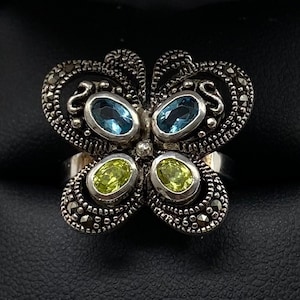 Silver Plated Butterfly with Multi Gemstone Ring Size 7