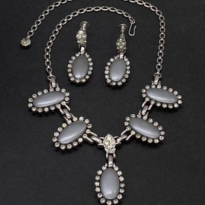 Antique Art Deco Rhodium Plate Rhinestone Crystal Necklace Earring Set
