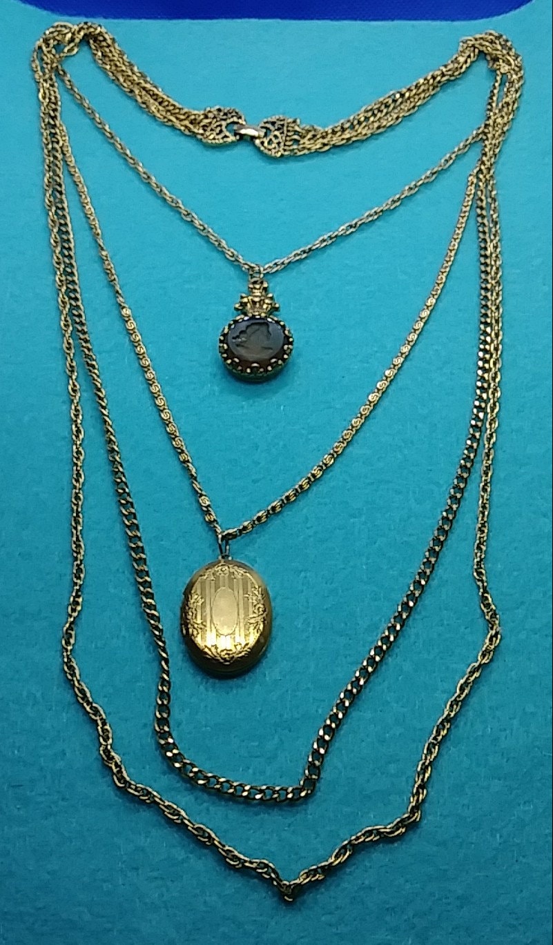 Vintage Goldette Necklace 4 Strands With Intaglio Cameo and Locket
