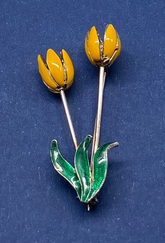 Vintage Sterling Silver Enamel Tulips Flower Brooc